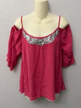 Moda International Pink Cold Shoulder Sequin Embellished Gauze Blouse Top